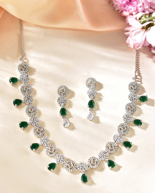 VOJ Silver Plated Green Stone Cricular AD Jewellery Set - Swadesiicart