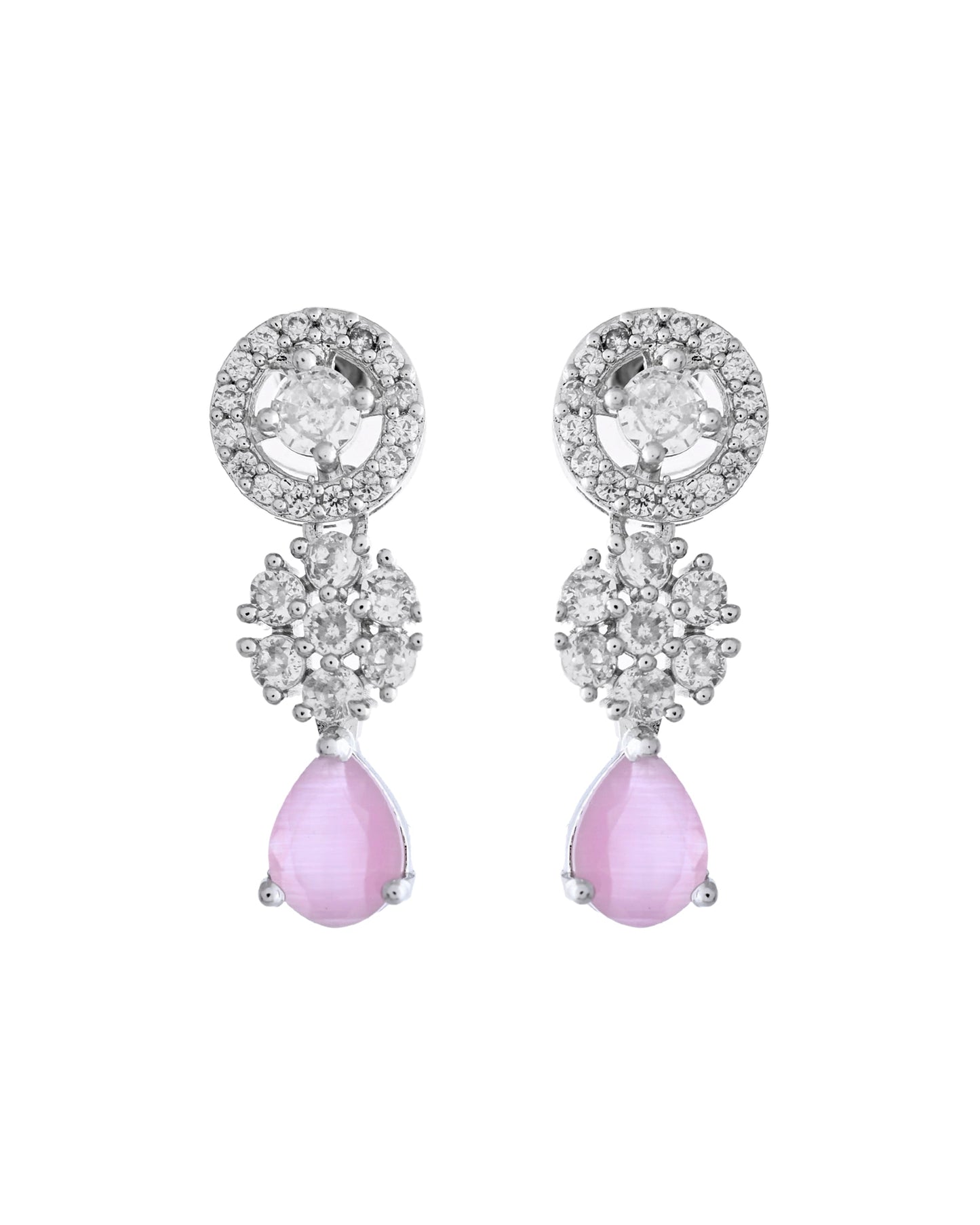 VOJ Silver Plated Baby Pink Stone Floral And Cricular AD Jewellery Set - Swadesiicart
