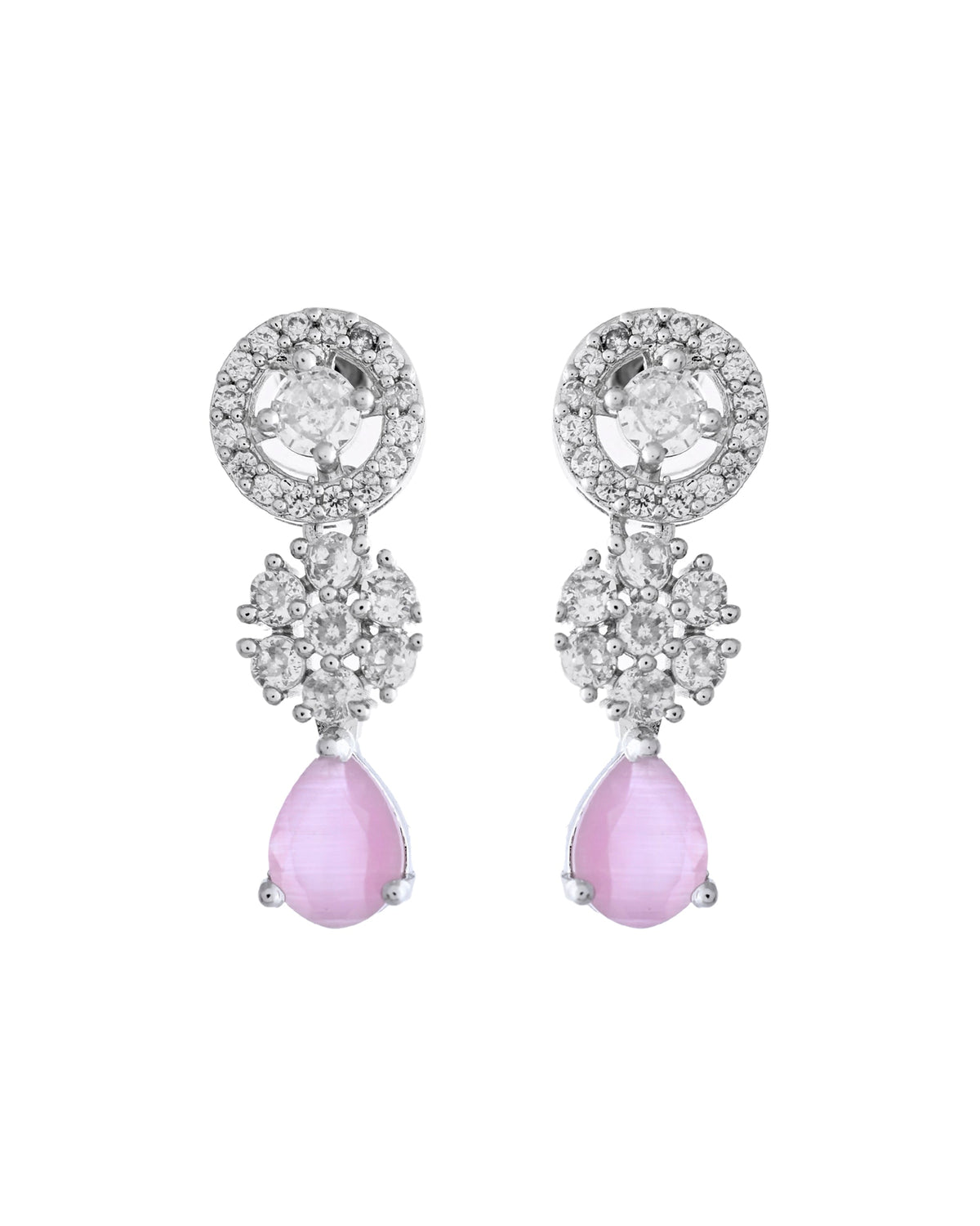 VOJ Silver Plated Baby Pink Stone Floral And Cricular AD Jewellery Set