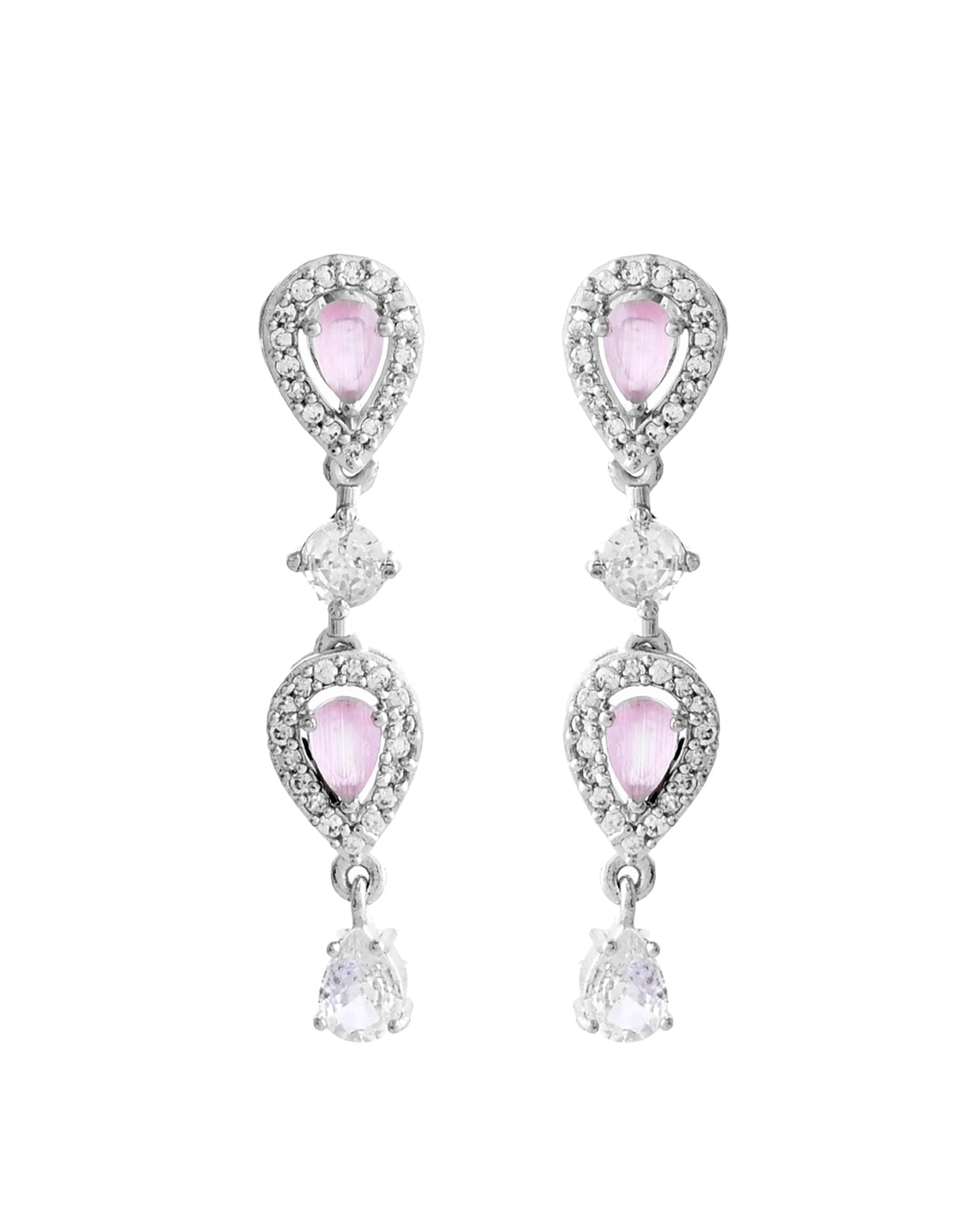VOJ Silver Plated Baby Pink Stone Tear Drop Shaped AD Jewellery Set - Swadesiicart