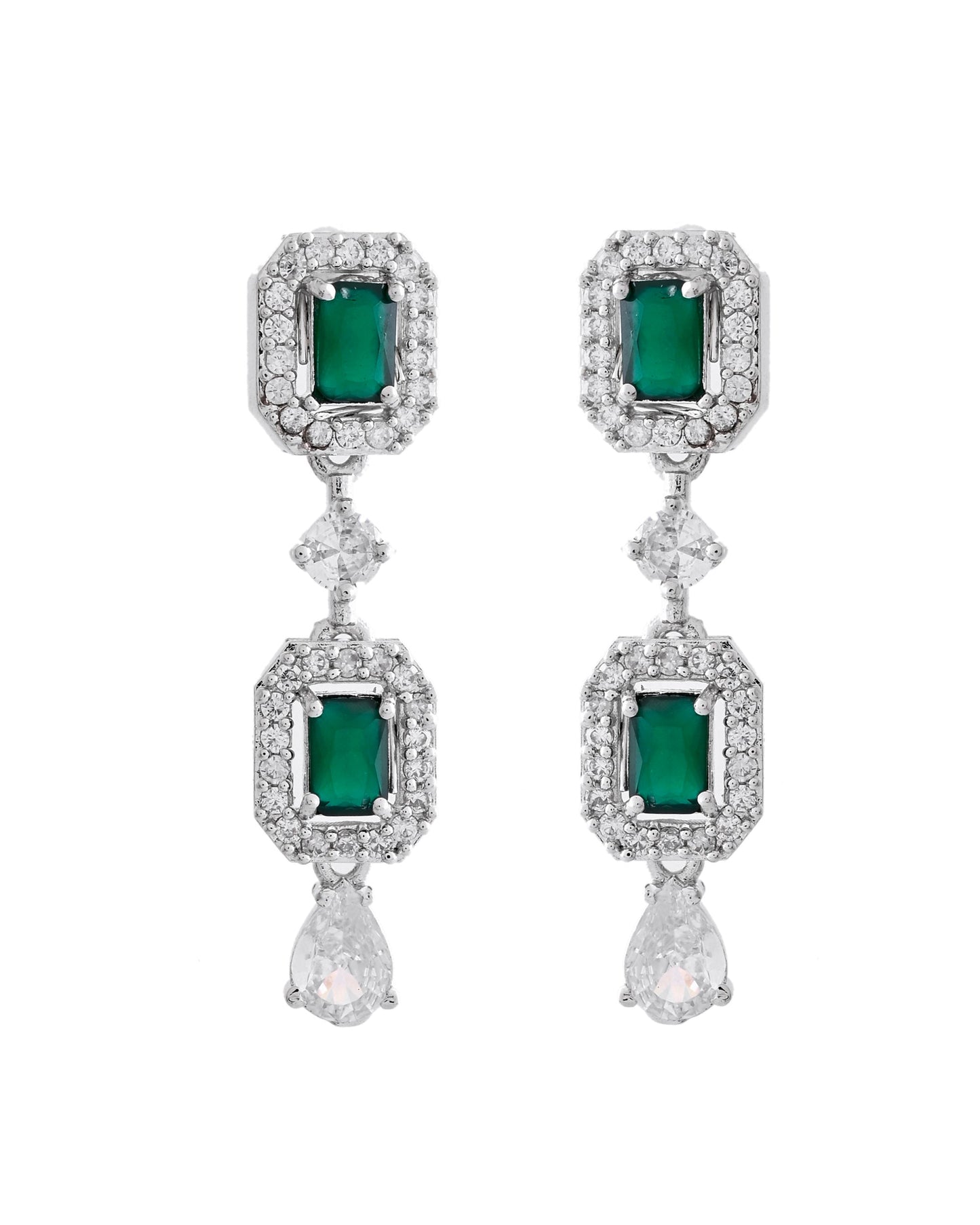 VOJ Silver Plated Green Stone Geometrical Shaped AD Jewellery Set - Swadesiicart