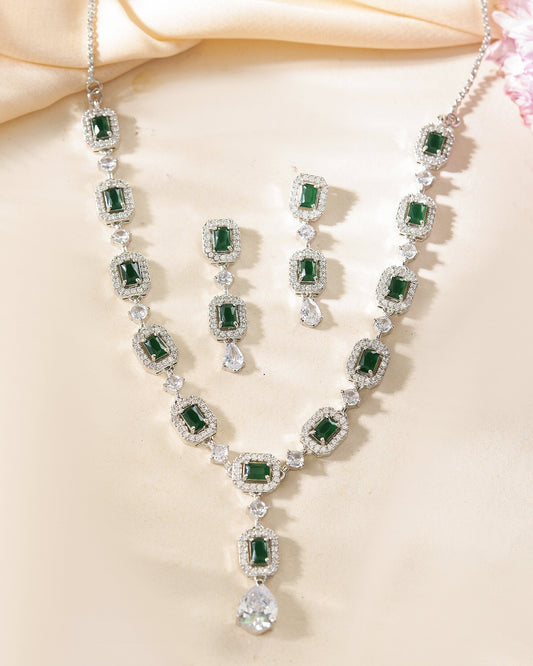 VOJ Silver Plated Green Stone Geometrical Shaped AD Jewellery Set - Swadesiicart