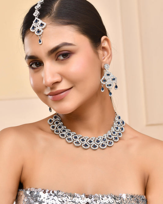 VOJ Silver-Plated Blue AD-Studded Elegent Jewellery Set - Swadesiicart