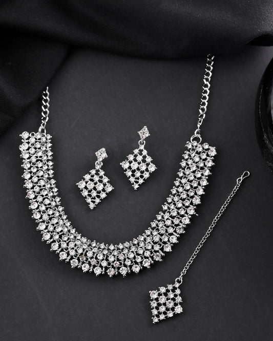 VOJ Silver-Plated AD-Studded Handcrafted Jewellery Set