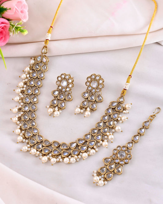 VOJ Gold-Polished White Beats Stuuded Handcrafted Jewellery Set - Swadesiicart