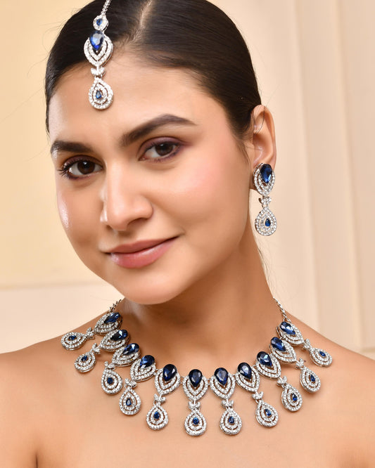 VOJ Silver-Plated Blue AD-Studded Tear Drop Shape Jewellery Set - Swadesiicart