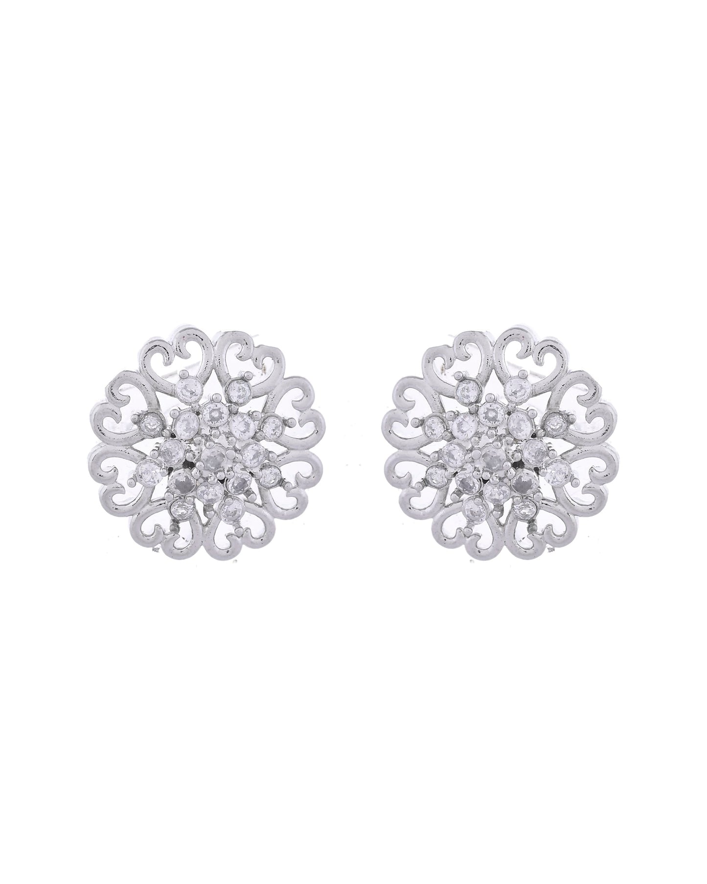 VOJ Silver Plated AD-Studded Flower Shape Stud Earrings - Swadesiicart