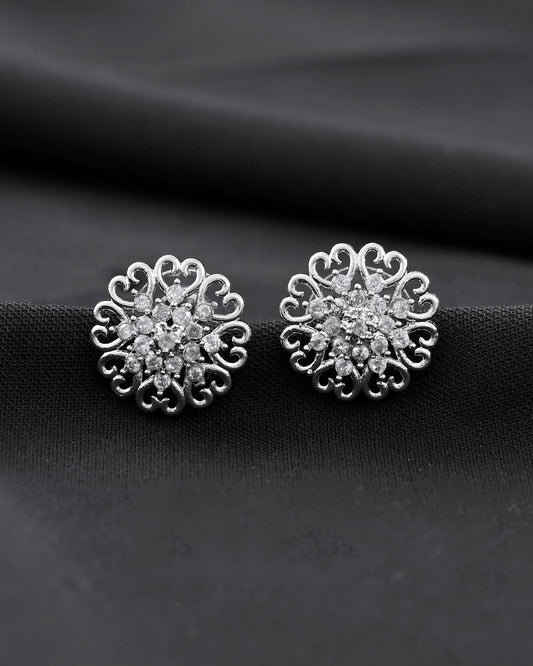 VOJ Silver Plated AD-Studded Flower Shape Stud Earrings