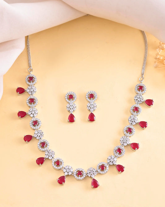 VOJ Silver Plated White And Marron AD Studded Circular Shape Jewellery Set - Swadesiicart