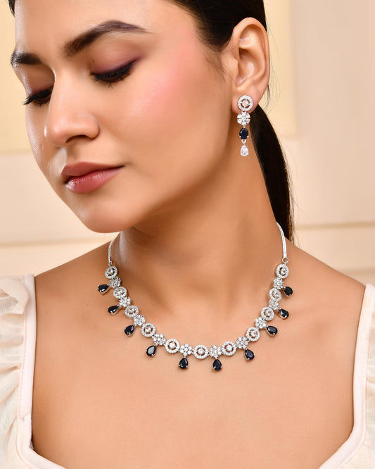 VOJ Silver Plated AD Studded Circular Shape With Black Stones Jewellery Set - Swadesiicart