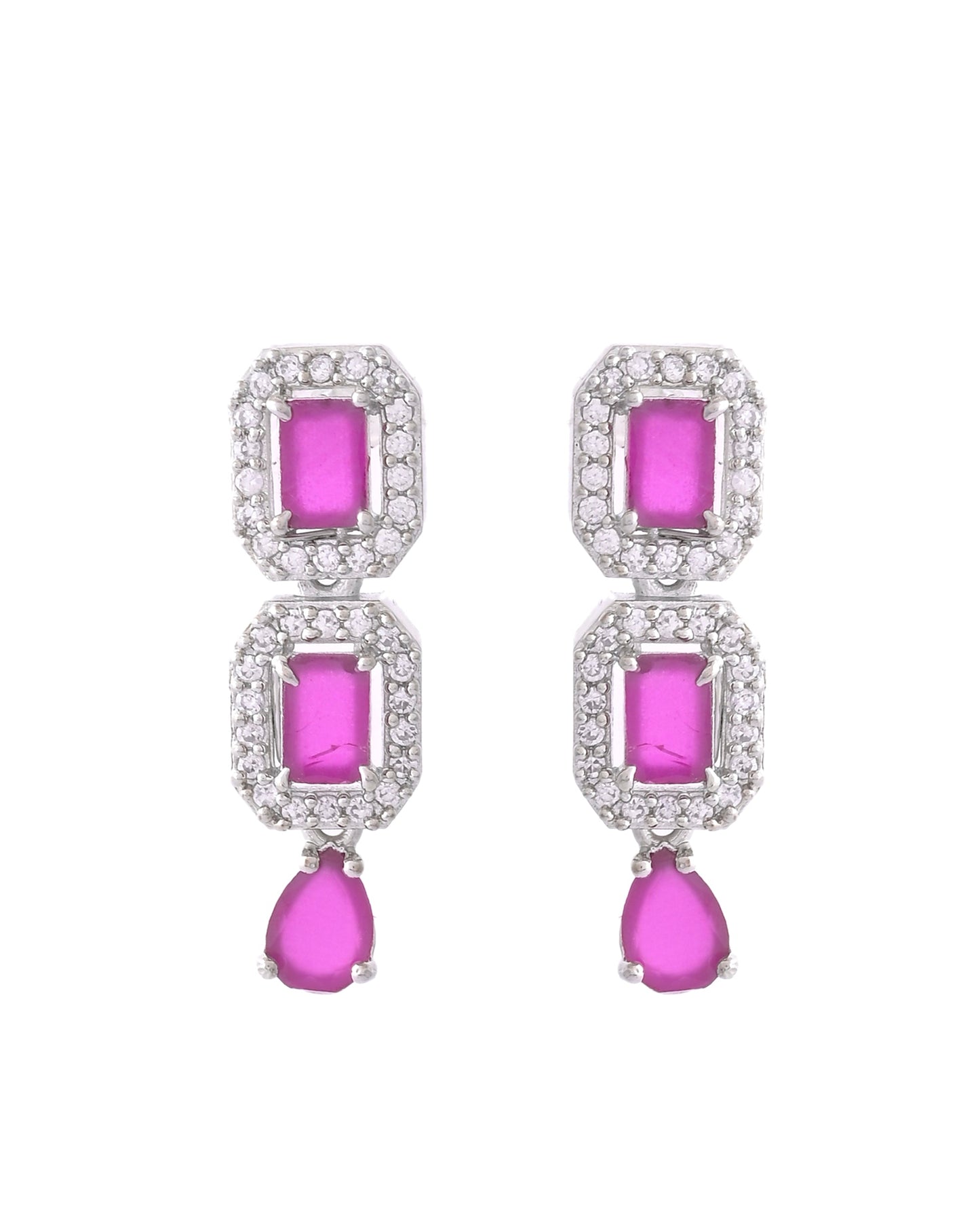VOJ Silver Plated Pink Stone Studded Rectangular AD Jewellery Set