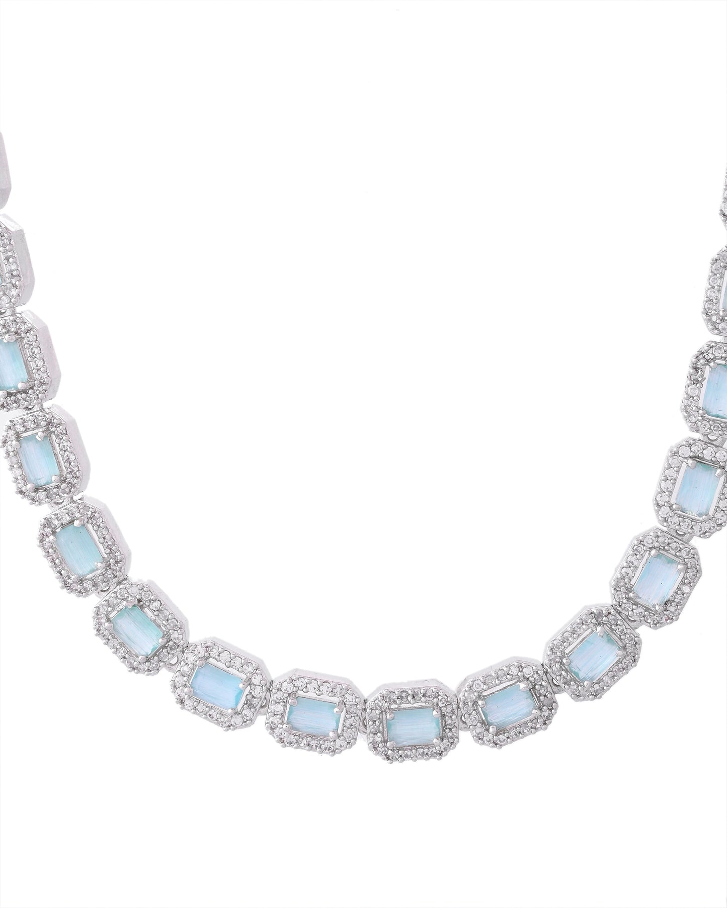 VOJ Silver Plated Sea Green Stone Studded Rectangular AD Jewellery Set - Swadesiicart