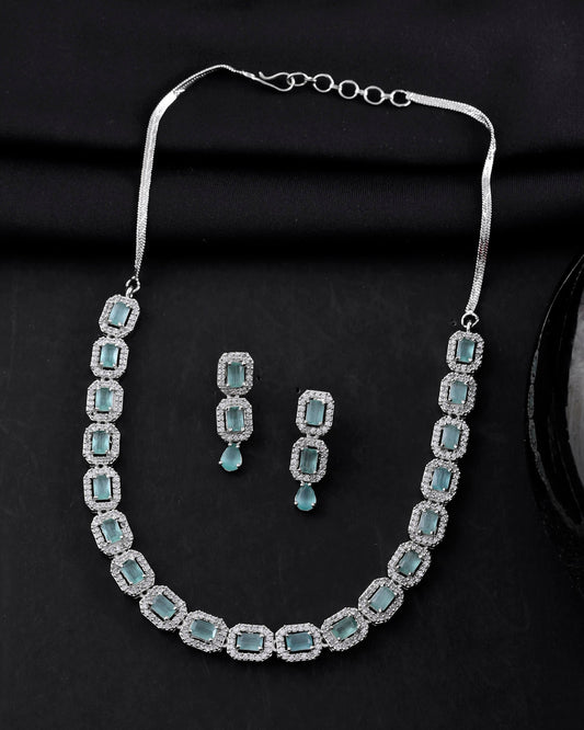 VOJ Silver Plated Sea Green Stone Studded Rectangular AD Jewellery Set