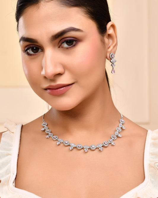 VOJ Silver Toned White And Baby Pink Stone Studded AD Jewellery Set - Swadesiicart
