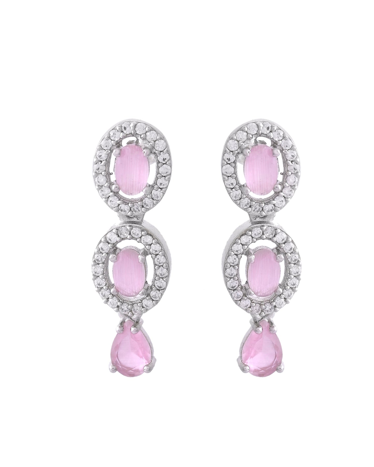 VOJ Silver Toned Baby Pink Stone Studded Circular AD Jewellery Set - Swadesiicart