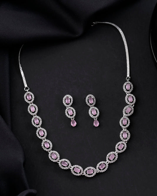 VOJ Silver Toned Baby Pink Stone Studded Circular AD Jewellery Set