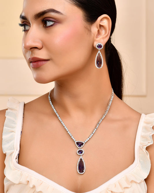 VOJ Silver Plated Purple AD & Cubic Zirconia Studded Necklace Set - Swadesiicart
