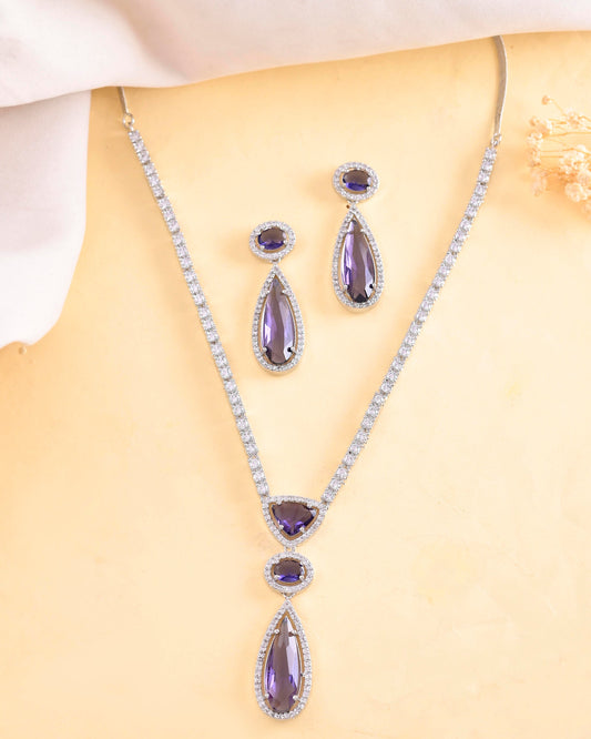 VOJ Silver Plated Purple AD & Cubic Zirconia Studded Necklace Set - Swadesiicart
