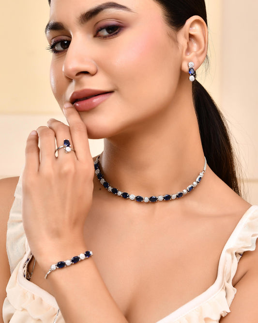 VOJ Silver Plated Blue Stone Studded Necklace Set With Ring And bracelet - Swadesiicart