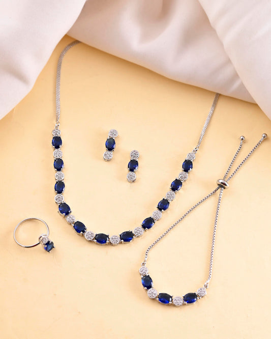 VOJ Silver Plated Blue Stone Studded Necklace Set With Ring And bracelet - Swadesiicart