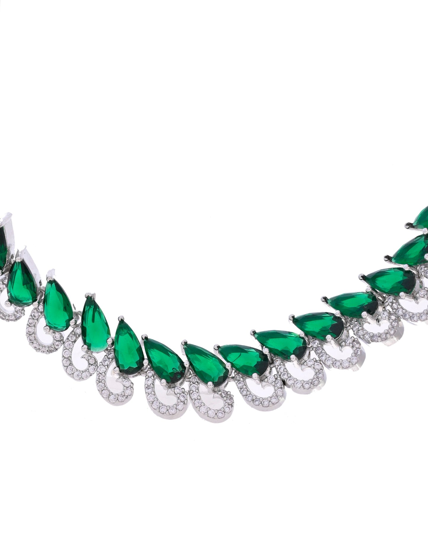 VOJ Silver Plated AD And Green Stone Tear Drop Shaped Necklace Set - Swadesiicart