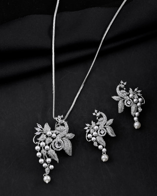 VOJ Silver Plated AD And Pear Studded Peacock Shaped Chain Set