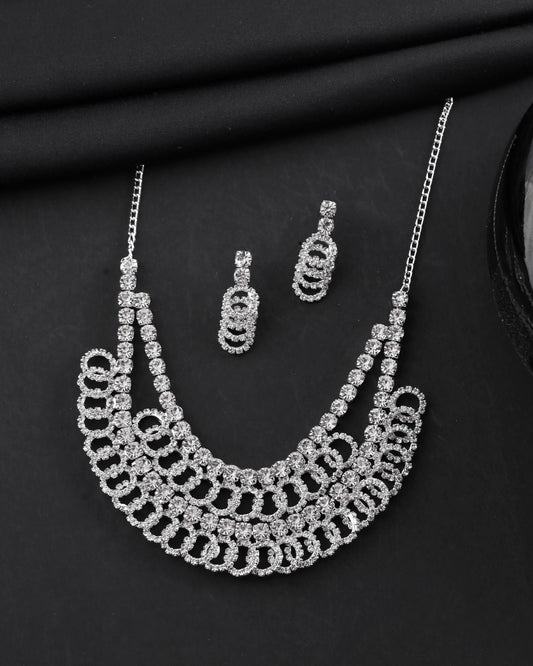 VOJ Silver Plated Stone Studded Circular Mutli Layer Necklace Set