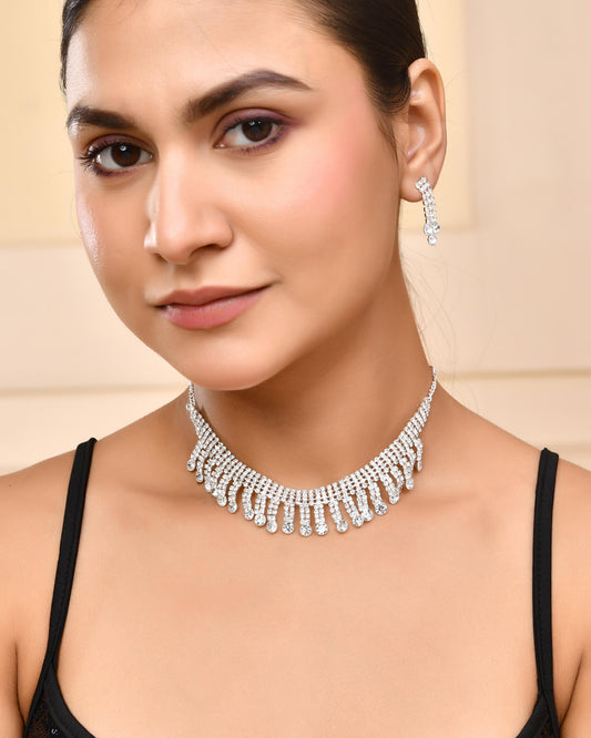 VOJ Silver Plated CZ Stone Studded Necklace Set - Swadesiicart