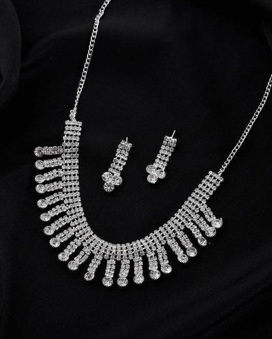 VOJ Silver Plated CZ Stone Studded Necklace Set