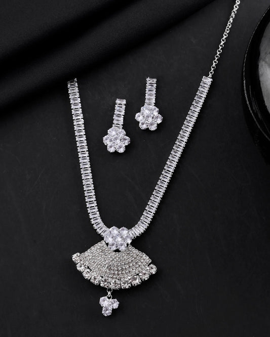 VOJ Silver Plated CZ Stone Studded Designer Jewellery Set