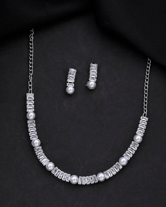 VOJ Silver Plated Pearl And Stone Studded Necklace Set - Swadesiicart
