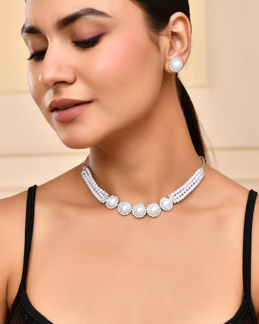 VOJ Silver Plated White Pearl And CZ Stone Choker Set - Swadesiicart