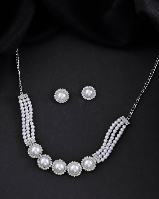 VOJ Silver Plated White Pearl And CZ Stone Choker Set