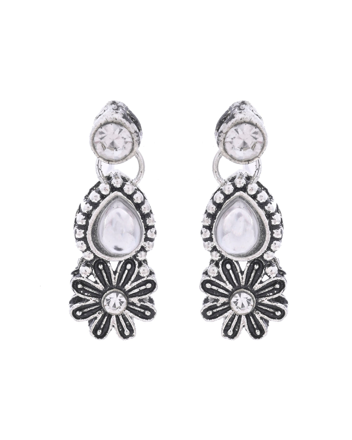 VOJ Oxidized Floral Designed Stone Studded Necklace Set