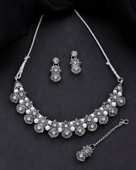 VOJ Oxidized Designer Stone Studded Jewellery Set - Swadesiicart