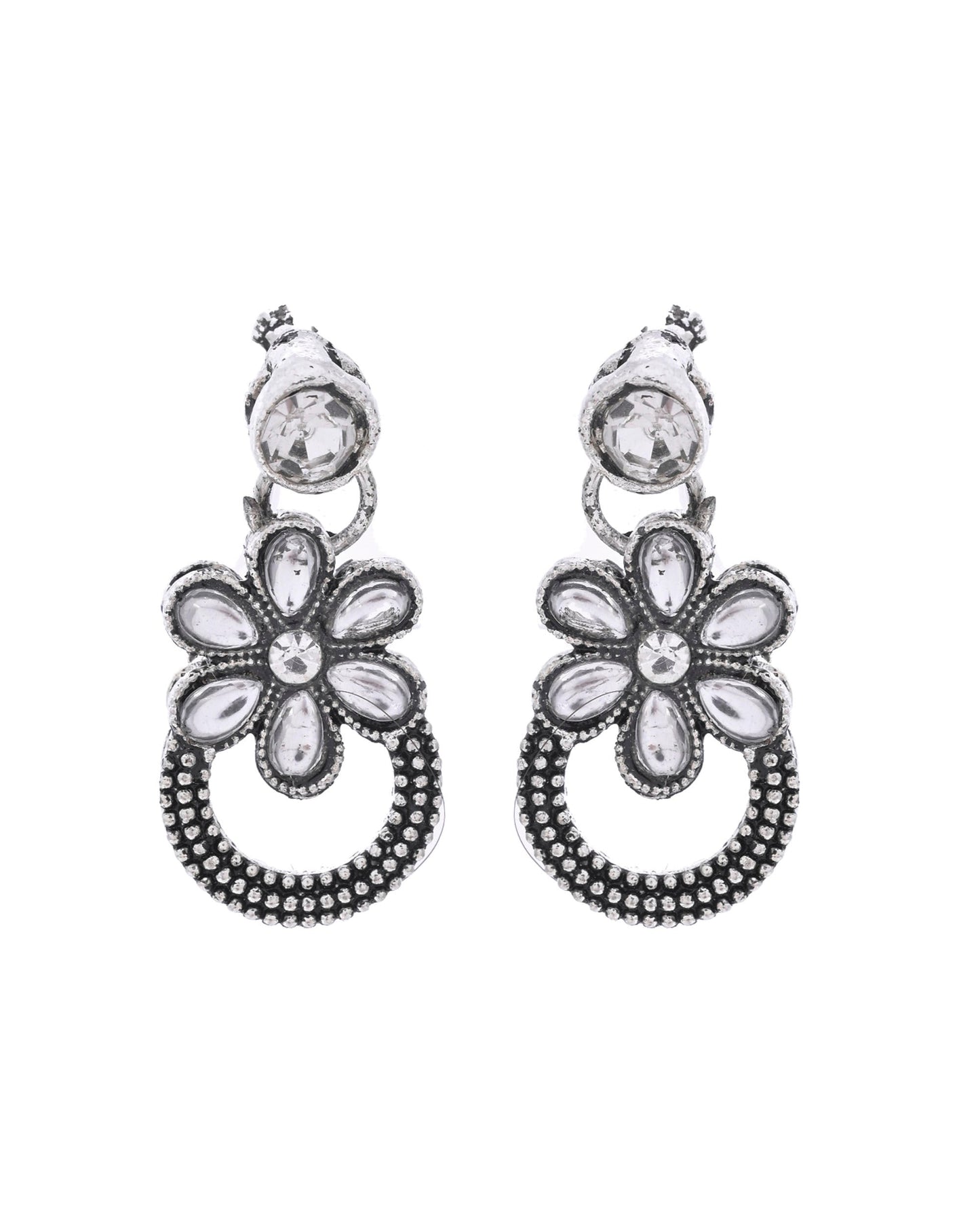 VOJ Oxidized Floral Stone Studded Necklace With Earrings Set - Swadesiicart