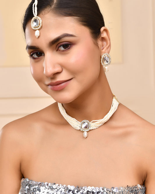 VOJ White Kundan Studded Choker Set - Swadesiicart