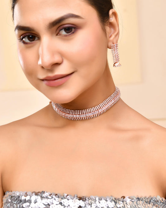 VOJ Rose Gold-Polished Artificial Stones Studded Choker Jewellery Set - Swadesiicart