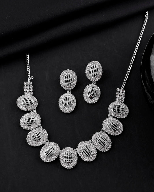 VOJ Silver-Plated Stones Studded Oval Shaped Jewellery Set