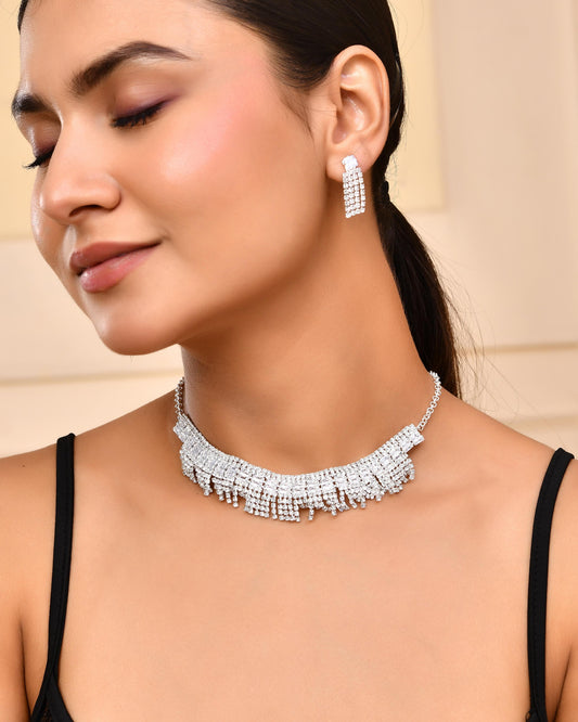 VOJ Silver-Plated Stones Studded Jewellery Set - Swadesiicart