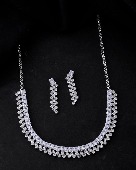 VOJ Silver Plated CZ And Artifical Stones Studded Necklace Set