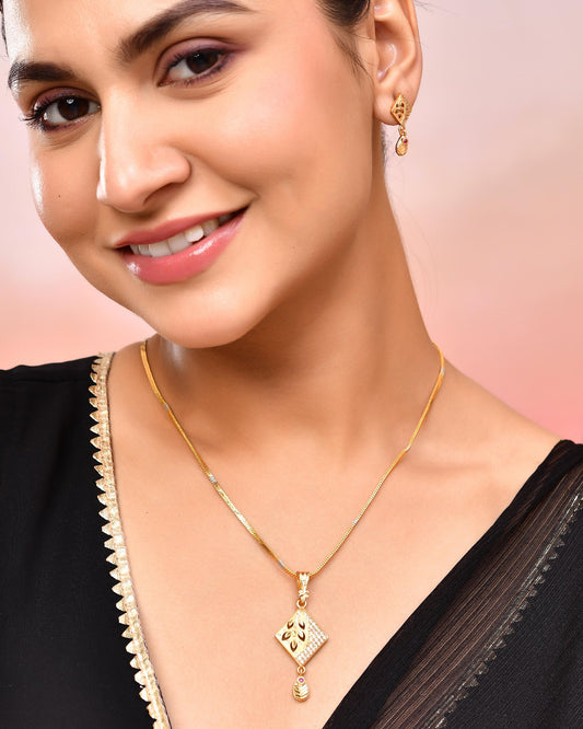 VOJ Gold-Polished Geomatrical AD Stone Studded Chain Set - Swadesiicart