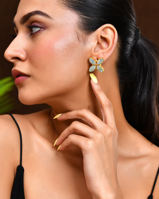 VOJ Gold Polished Teal Stone Studded Floral Stud Earrings