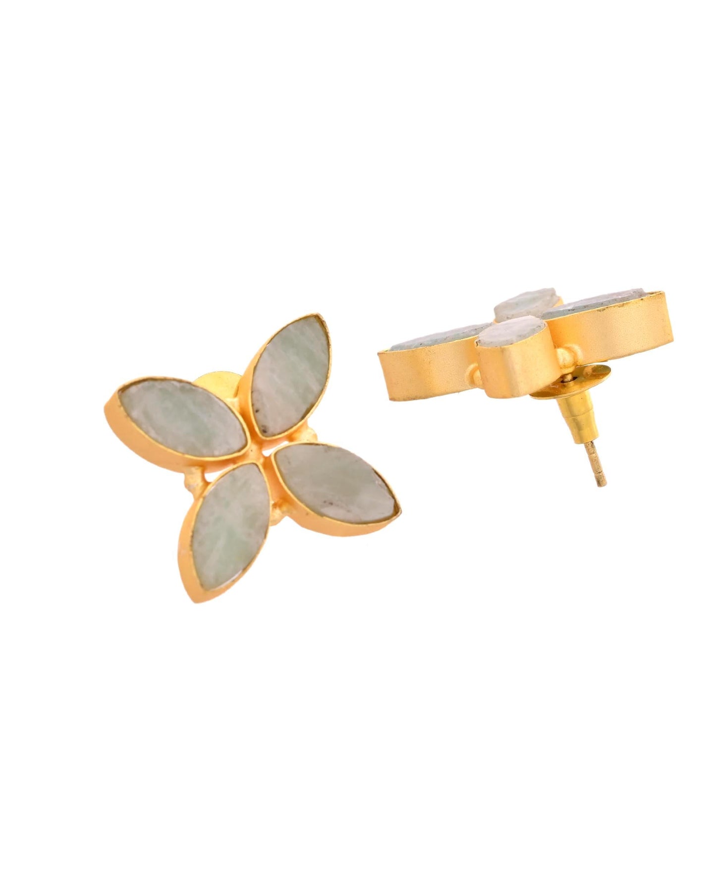 VOJ Gold Polished Teal Stone Studded Floral Stud Earrings - Swadesiicart