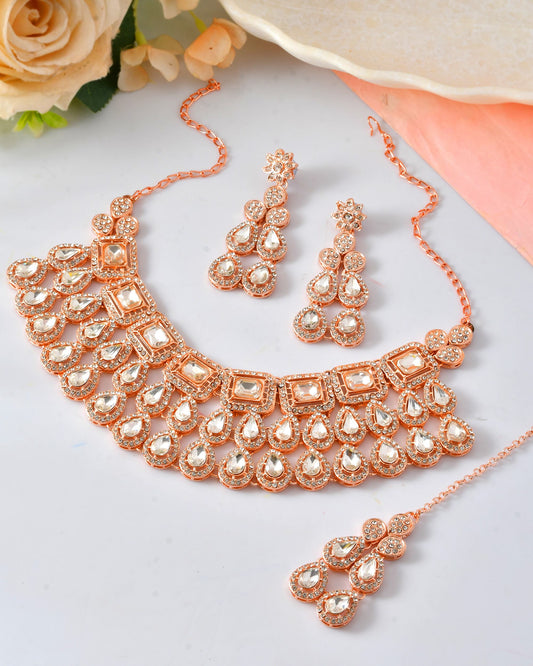VOJ Rose Gold-Polished CZ Studded Jewellery Set With Maang Tikka - Swadesiicart