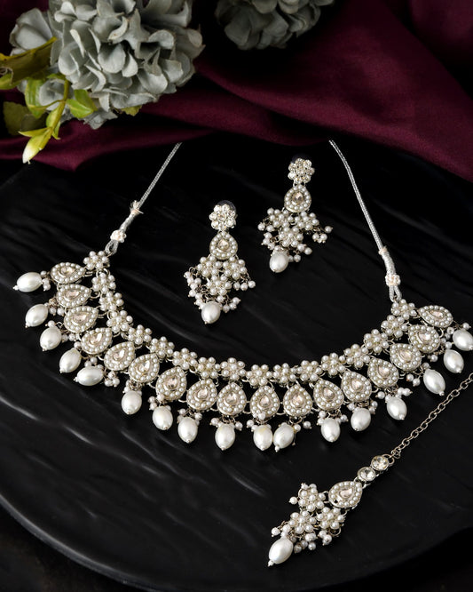 VOJ Silver-Plated CZ Stone And Pearl Necklace With Earrings And Maang Tikka Set - Swadesiicart