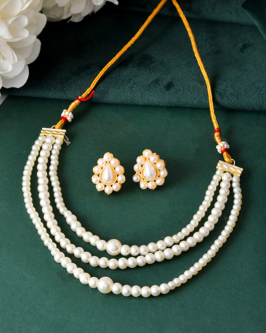 VOJ Gold Polished Artifical Pearl Mutli Layer Necklace And Earrings Set - Swadesiicart