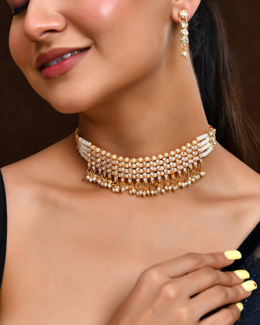 VOJ Gold Polished Artifical Beads And Stone Studded Necklace And Earrings Set