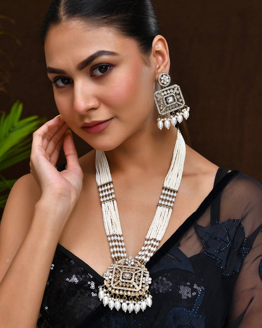 VOJ Copper-Toned Artificial Stone Studded Geometrical Long Necklace And Earrings Set - Swadesiicart