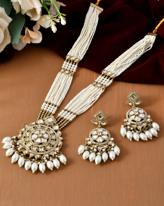 VOJ Copper-Toned Artifical Stone Studded Circular Long Necklace And Earrings Set - Swadesiicart